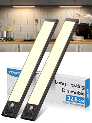 HIBOITEC Luz Con Sensor de Movimiento-32,5CM 70LED Luces Led Cocina, 2500mAh Led Cocina Bajo Mueble, Regulable Tira Magnética Luz LED Adhesiva, Luce para Armario, Escalera, Pasillo (Luces Cálidas)