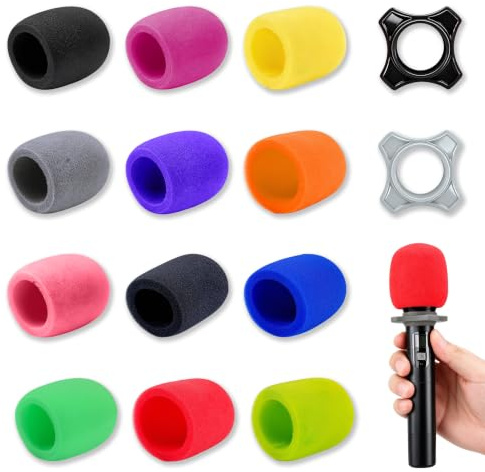 Piacolnic 14 Piezas Fundas de Espuma para Micrófono, Colores Variados con 2 Fundas de Silicona, Espuma Antiviento para Micrófono de Mano para KTV, Escenario y Conferencia