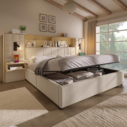 Lit rembourré 160x200 avec Coffre de Rangement, Beige, éclairage LED et 2 liseuses, 2 Tables de Chevet intégrées, Port de Charge USB-C, revêtement en Lin, sommier à Lattes Inclus, Matelas Non Inclus