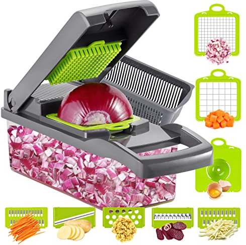 Ourokhome Vegetable Chopper Onion Cutter, 12 in 1 Professional Mandoline Slicer for Kitchen, Multifunctional Food Chopper for Potato, Tomato, Veggie with Strainer Basket, 8 Blades, Gray