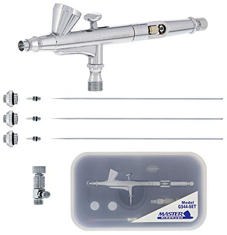 Master Airbrush Model G344 Multi-Purpose Dual-Action Gravity Feed Airbrush with 3 Nozzle Sets (0.2, 0.3 & 0.5mm Needles, Fluid Tips and Air Caps) 1/16 oz. Fluid Cup - User Friendly, Versatile Set Kit
