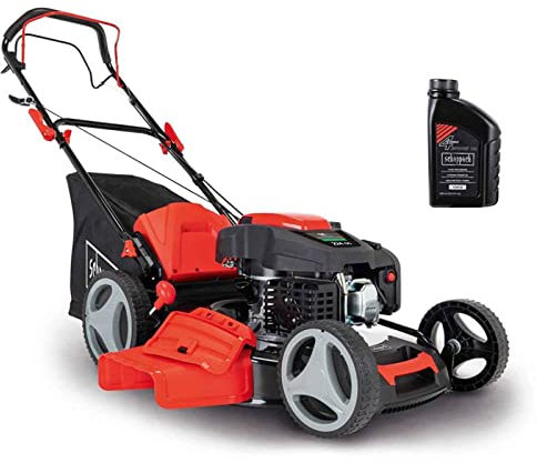 Scheppach Tondeuse Thermique autotractée MS225-53 - Moteur 6 CV / 4,4 KW - Largeur de Coupe 53 cm - Hauteur de Coupe réglable - Panier 65 l - Fonctions Mulching et Nettoyage - Huile Moteur Incluse