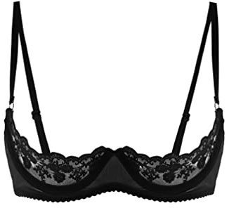 Agoky Women's Sexy 1/4 Cup Lace Bra Padded Unlined Underwire Push Up Balconette Every Day Bra Black A XXL
