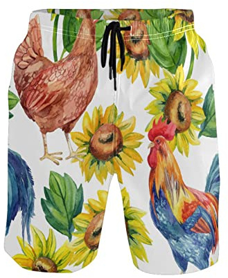 TropicalLife Short de bain pour homme avec motif de coq et tournesol, peinture à l'huile, multicolore, L-X-Large