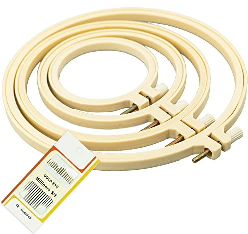 SZCXDKJ 4Pcs 4 Sizes Round Embroidery Hoop Plastic Circle Cross Stitch Hoop Ring for Craft Sewing,with Gold Eye Embroidery Needles, Embroidery Hoop