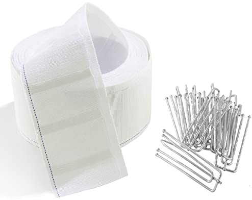 MJMP Curtain Pleat Tape, 6 Yards Pleater Tape for Curtains, Included 15 PCS Stainless Steel 4 Prongs Curtain Pleater Hooks for DIY Pinch Pleat Curtain, White
