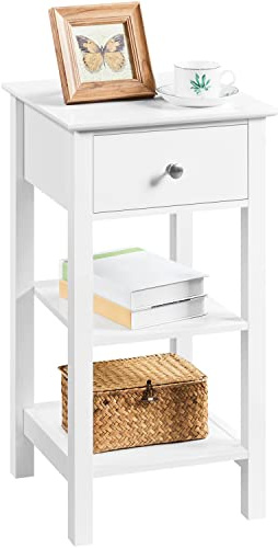 Yaheetech Comodino da Camera da Letto Bianco Tavolino da Notte in Legno con Cassetto e 2 Ripiani Mobiletto da Divano Stretto Tavolino d'Appoggio Portaoggetti 35 x 35 x 70 cm