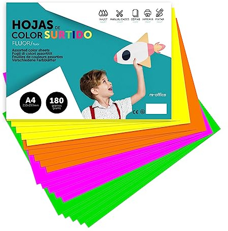 Cartulina de Colores, Cartulina A4 Colores Surtidos Fluor, Folios de Colores 180gr para Manualidades, Imprimir Documentos y Diseños Creativos, Folios de Colores A4 · m-office (x10 Surtido Fluor)