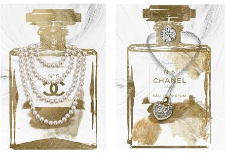 2 Pieces Vintage Perfume Bottle Wall Art Gold Canvas Pictures Wall Decor Modern Luxury Fashion Posters Print Glam Artwork Picture for Bedroom Make up Room Home Decor 12x16(30x40cm)