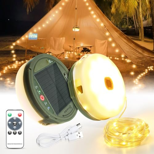SUBOSI 12m Solar Camping Lichterkette Aufrollbar,Solar&USB Aufladung, 150Leds Outdoor Campinglampe Lichterkette mit Fernbedienung,8-Modi Tragbare Camping Lichter für Camping, Hof