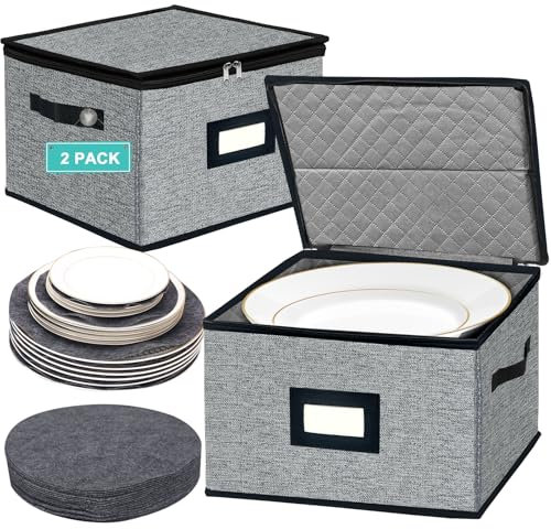 VERONLY (2 Pack) Dinner Plate Storage Box with Lid- Hard Shell Dish Case with Handle, Metal Zipper, Anti-friction Felt Pads，China Storage Container for Home 30.5x30.5 cm(Dark Grey)