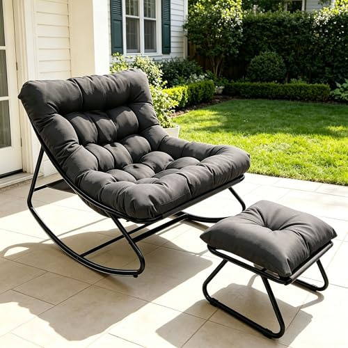 NomadNomics Schaukelstuhl Outdoor Wetterfester mit Gepolsterter,Schaukelsessel Wohnzimmer mit Hocker,XXL Loungesessel Outdoor bis 150kg,Stillsessel Bequem für Garten Balkon Terrasse