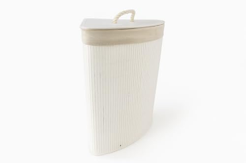 HERSIG - Cesto Ropa Sucia - Cesta Ropa Sucia Diseño Bambú con Tapa y Asas – Cesto Colada con Bolsa Tela Extraíble - Diseño Resistente y Robusto - Esquina Blanco