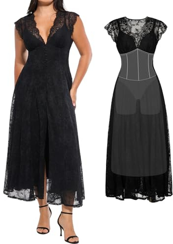 Popilush Formal Cocktail Dresses for Women Lace Sleeveless V Neck Maxi Shapewear Dress Wedding Guest Mother of Bride Split Dress Black