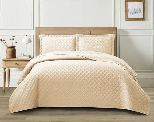 PRIME LINENS 3 Piece Quilted Bedspread Embossed Diamond Pattern Comforter Bedding Set Bed Throw with Pillow Cases (Diamond Check Beige, Double)