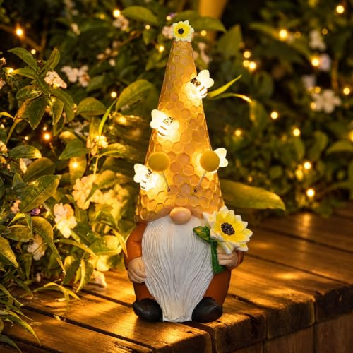 pearlstar Solar Garden Gnomes Outdoor, Gnomes Ornament IP44 Waterproof | Solar Gnomes Statues and Sculptures with Bees & Sunflower, Outdoor Decorations for Balcony and Pond, Gift for Women