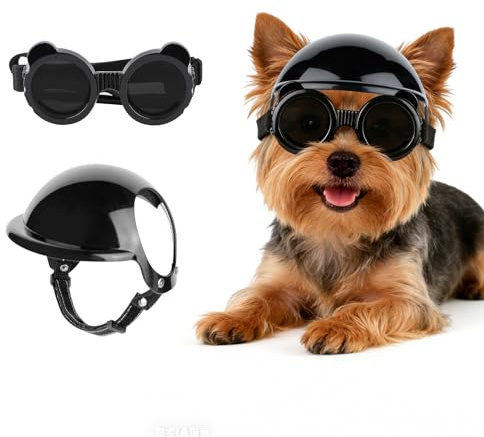 LESYPET Lunettes de soleil et ourlets pour chiens de très petite taille, lunettes de soleil de protection UV, casque de moto pour chihuahua, yorkshire, noir et noir