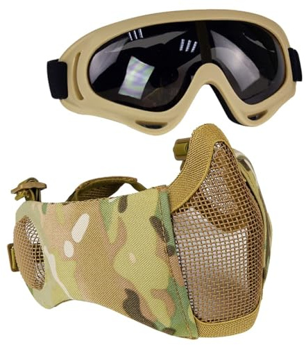 Aoutacc Kit de Protection Airsoft avec Demi-Masque en Maille avec Protection des Oreilles et Lunettes - pour CS/Chasse/Paintball/Tir, MC