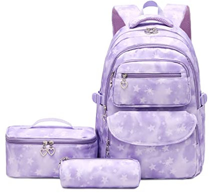 Tanou Schulrucksack Mädchen 3 Stk mit Lunchtasche Federmäppchen, Atmungsaktives Leichtgewicht Schultasche Teenager Mädchen für 3-9 Klasse, 22 Liter Rucksack Schule für Reisen, Lila