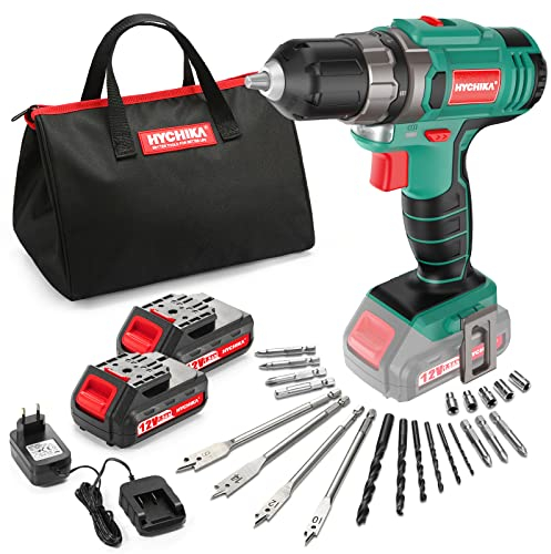 HYCHIKA Akkuschrauber, Akku Bohrschrauber 12V, 30Nm Drehmoment, 2x1.5 Ah Akkus, Schnellladung, 21+1 Drehmomenteinstellungen, Zwei Geschwindigkeiten, 22 Zubehör, Ideal zum Schrauben und Bohren