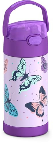 THERMOS FUNTAINER 12 Ounce Stainless Steel Vacuum Insulated Kids Straw Bottle, Butterfly Frenzy