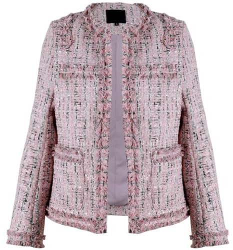 Leyoutx Damen Kragenloser Plaid Tweed Blazer Elegant Open Front Fransen Casual Business Glitzer Jacke, Pink, M