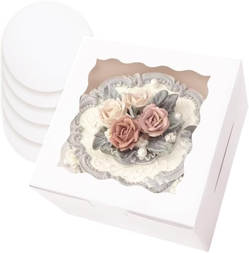 Gcardist Lot de 5 boîtes à gâteau blanches de 20,3 x 20,3 x 12,7 cm avec fenêtre et 5 ensembles de planches rondes blanches de 20,3 cm, récipients à gâteau de 20,3 cm