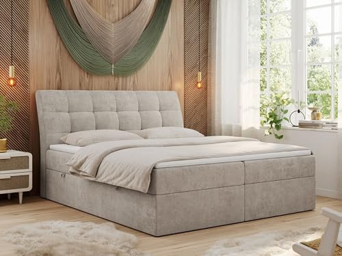 MKS MEBLE Boxspringbett 180x200 Beige Strukture, Bett mit Multipocket Matratze H3 und Topper, Polsterbett 180x200 mit Bettkasten und Kopfteil, DIEGOS Beige Strukture