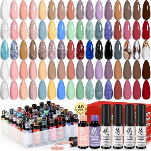 49 Pcs Gel Nail Polish Set - 45 Full Spectrum Colors: Skin Nudes, Earthy Tones, Candy Gels, Emerald & Ruby Glitter, Nail Primer/5-in-1 Builder Base/Glossy & Matte Top Coat, UV LED Shellac Varnish A907