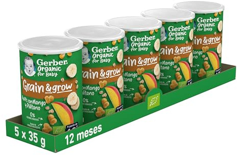 Gerber Organic Snack Maíz y Avena con Mango, desde 12 meses, 5 Latas de 35 g