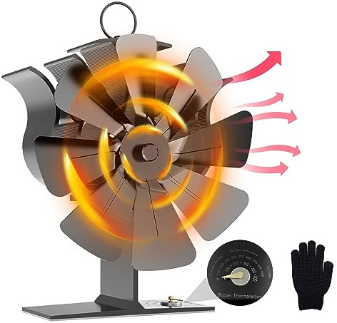 Jasfyee Ventilateur de Poêle à Bois, 8 Pales Ventilateur de Cheminée, Alimenté par La Chaleur, Silencieux à Circulation d'air Chaud pour Poêle à Bois/Poêle à Bûches/Cheminée Avec Thermomètre et Gant