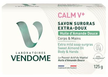 LABORATOIRES VENDÔME - CALM V+ - Savon Surgras Extra-Doux Amande Douce - Nettoie & Laisse la Peau Douce - Formule Hypoallergénique - Enrichi en Huile d'Olive - Tous Types de Peaux - 125g