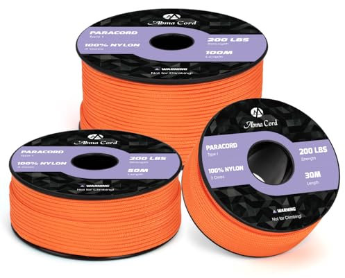 Abma Cord Paracord 2mm 100m Nylonschnur 3 Kern Seil Typ I Schnur für Basteln, Camping, Outdoor - Max. 90kg (200lbs) - Orange