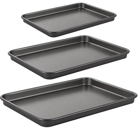 JMIATRY 3 Pcs Non Stick Oven Baking Tray, Rectangle Heavy Duty Carbon Steel Oven Tray, PFOA Free Cookie Sheet Pan for Baking Food, Black