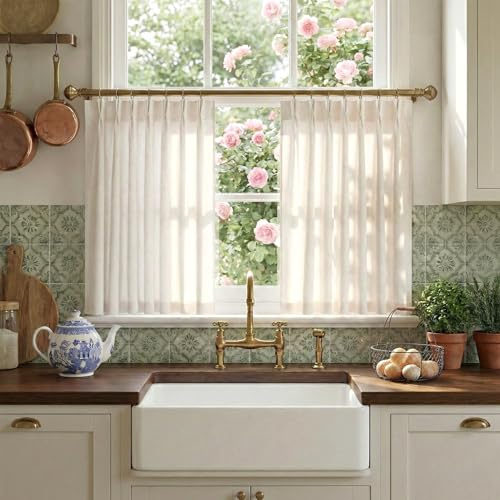 NICETOWN Natural Pinch Pleated Linen Kitchen Curtains 36 Inches Long, 2 Panels Set Farmhouse Light Filtering Short Curtains for Cafe Bar Living Room Bedroom Window, 40 W x 36 L