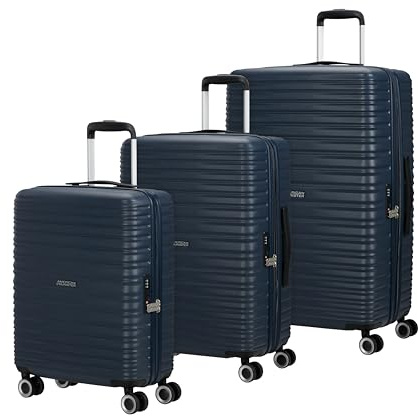 American Tourister Aerotech, Juego de Equipaje rígido de 3 Piezas (Equipaje de Mano, Mediano, Grande), Juego de Carrito Ampliable con candado de la TSA, Azul (Azul Marino metálico)