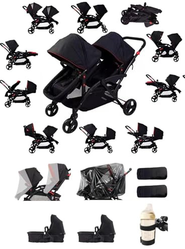 Rexhan Twin Baby Pram, 2 in 1 Foldable Double Baby Buggy, Reversible Tandem Pushchair, Twin All in One Stroller, Newborns, Toddlers, 0-4 Years, Aluminium Frame, Lightweight