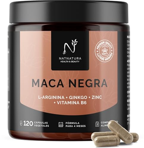 Maca Negra con L-Arginina, Ginkgo, Zinc y Vitamina B6 – Energía y Vitalidad | Mejora el Rendimiento Físico y Mental | 4 meses fórmula | NATNATURA
