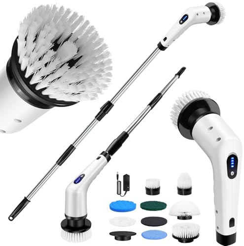 9 in 1 Electric Spin Scrubber, Electric Rotating Cleaning Brush with 9 Replaceable Brush Heads, Extendable Handle, 2 Rotating Speeds, Power Vibrating Cordless Cleaner, for Bathroom Shower Kitchen