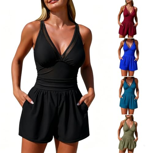 Women's One Piece Swimsuit V Neck Swimming Costume with Shorts Zipper Up Modest Mesh Panel Swimming Suits Athletic Surfing Swimwear Slim Fit Tummy Control Bathing Suit with Pockets