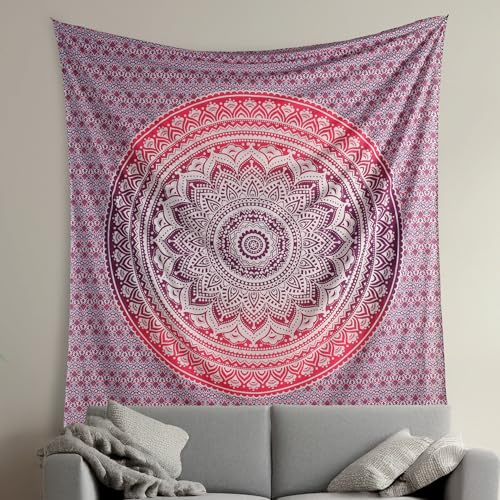 THE ART BOX Pink White Tapestry Mandala Wall Hanging, Cotton Beach Throw Blanket, Boho Decor Bohemian Bedding, Twin Bedspread 55x82 Inches