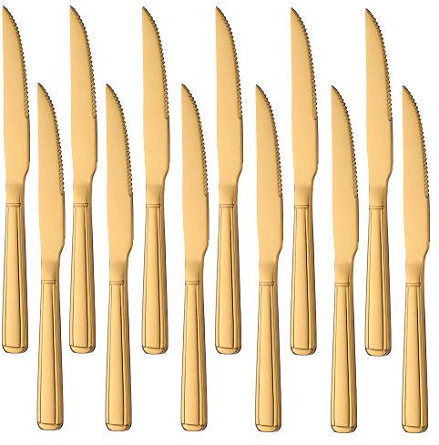 Buyer Star Couteaux à steak 12 pièces, ensemble de couverts en acier inoxydable doré pour la cuisine à domicile ou le restaurant, allant au lave-vaisselle