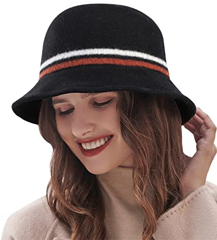 Adigaber Melonhatt dam 100 % ull Fedora Derby Bowlerhatt elegant hink hatt höst och vinter, svart, One size