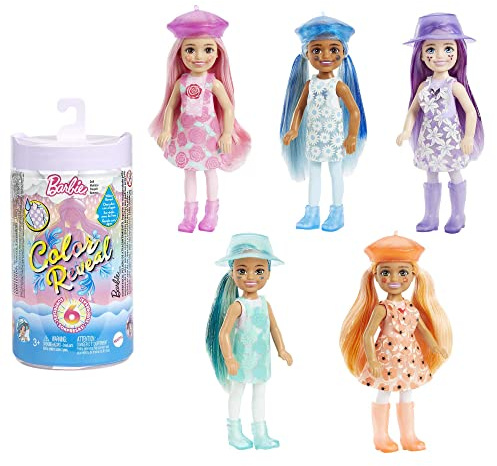 Barbie HCC83 - Chelsea Color Reveal Puppe mit 6 Überraschungen, Sunshine und Sprinkles Serie mit Lavendel-Blumen-Aufdruck und Farbwechsel-Effekt, Spielzeug für Kinder ab 3 Jahren