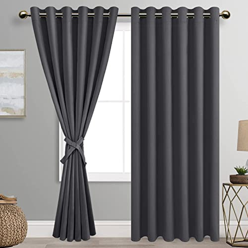 DWCN Dark Grey Blackout Curtains 90 x 90 Inch with Tiebacks for Bedroom Thermal Insulated Solid Eyelet Curtains for Living Room,2 Panels,90 Wide x 90 Drop
