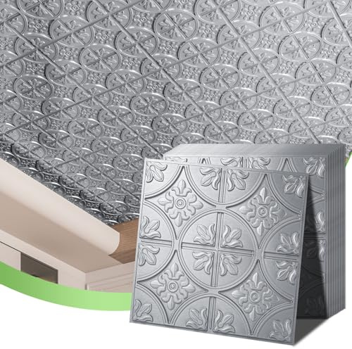 Art3d Pack of 12 Drop Ceiling Tiles 2x2, Glue-up Ceiling Panel, Suspended Ceilings Tiles Fancy Classic Style Argent Silver