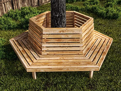 Baßner Holzbau Sechseck Baumbank XXL unbehandelt Innendurchmesser 119cm extrem Witterungsbeständig Dank Lärchenholz und Edelstahlverschraubung