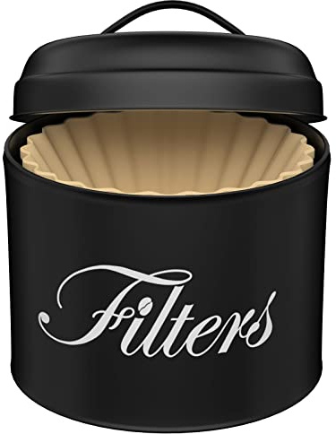 Black Basket Coffee Filter Holder With Lid - Round Container for Counter Storage - Rustic Farmhouse Bar Accessories Decor