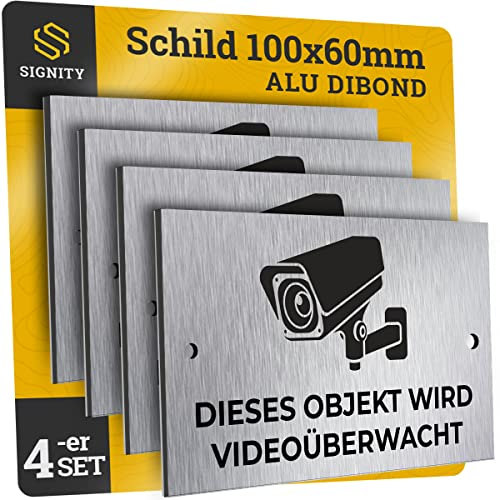 4-er SIGNITY Alu Schild Videoüberwachung (100 x 60mm klein) - Alu Warnschild Kamera Überwachung - ideal zur Kamera Attrappe - Aluminium Schild - Achtung Videoüberwachung für Privatgrundstück