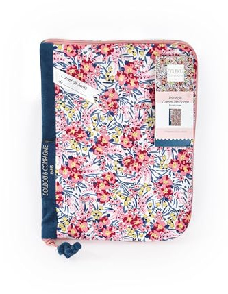 DOUDOU ET COMPAGNIE - Protège Carnet de Santé Rose Fleuri - Collection BOH'AIME FAON - Protection Pratique - 22 cm - Matière 100% Lange Coton - Idée Cadeau Naissance Pour Bébé - DC4035